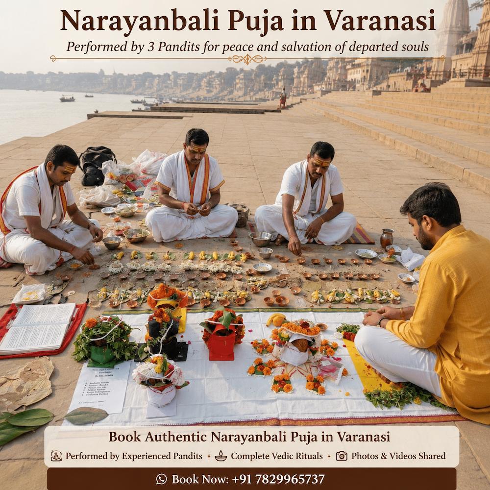 Narayanbali Puja being performed in Varanasi by three experienced pandits with a devotee participating in the ritual at the Ganga ghat using traditional Vedic puja setup and offerings for peace of departed souls.